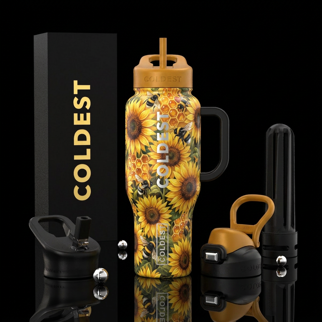 Sunflower field with bumblebees and honeycomb patte... water bottle design