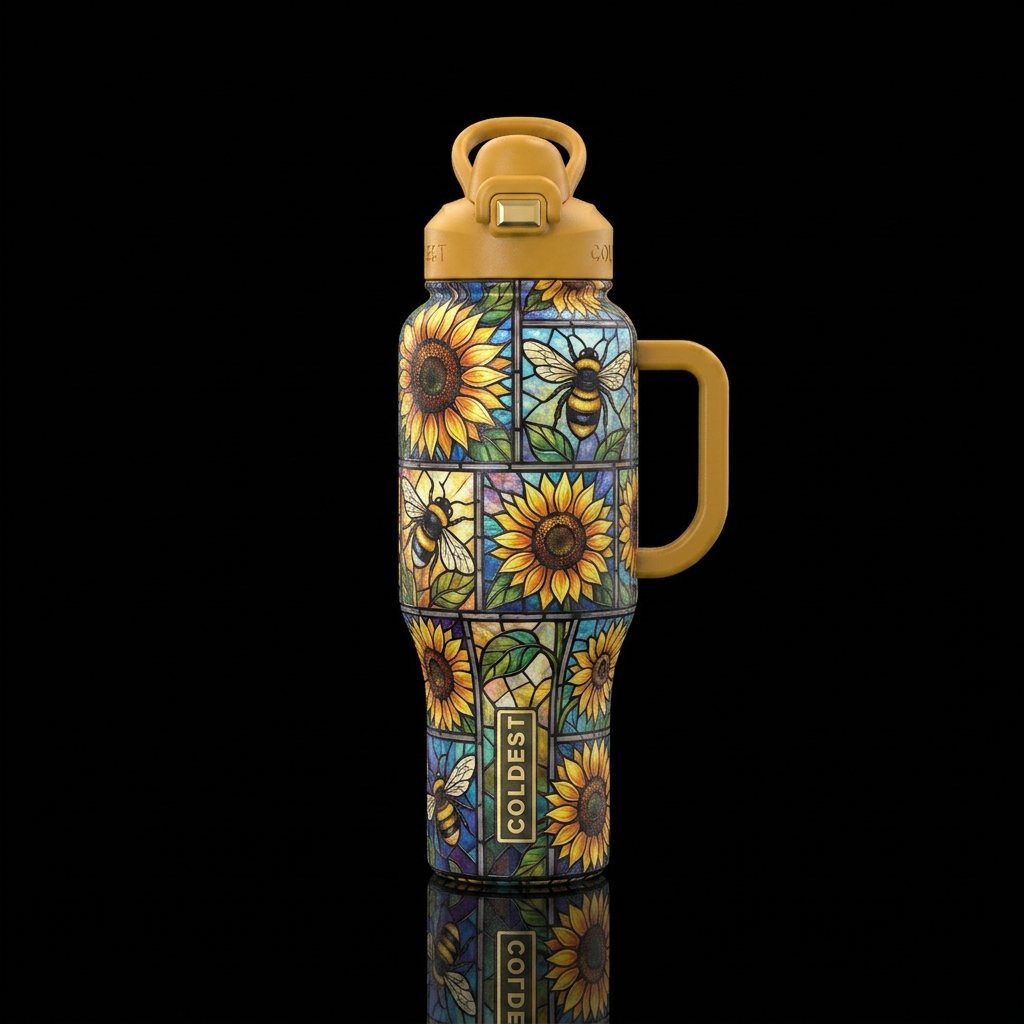 Sunflowers and bumble bees stsinglass water bottle design
