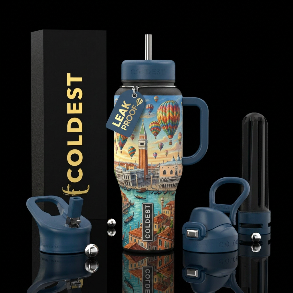 Hot air balloon ride iver Venice in summer water bottle design