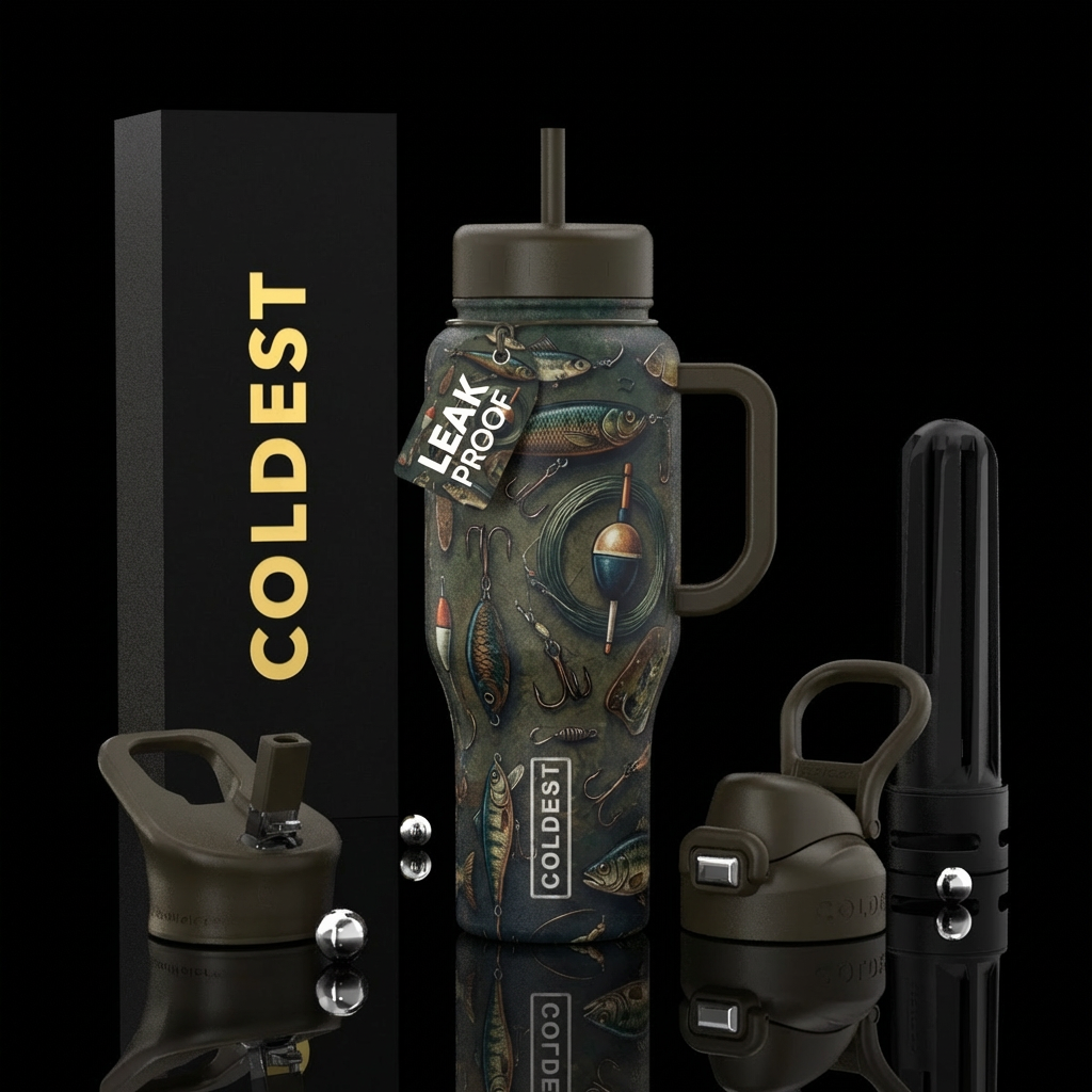 fishing bait and tackle, muted colors, rugged water bottle design