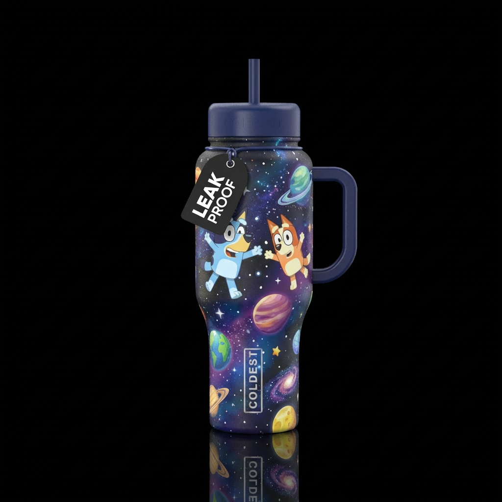Bluey  bingo outer space water bottle design