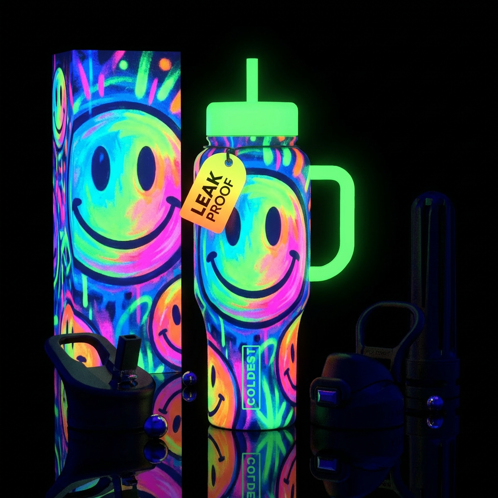 Happy face, painting, neon, vibrant water bottle design