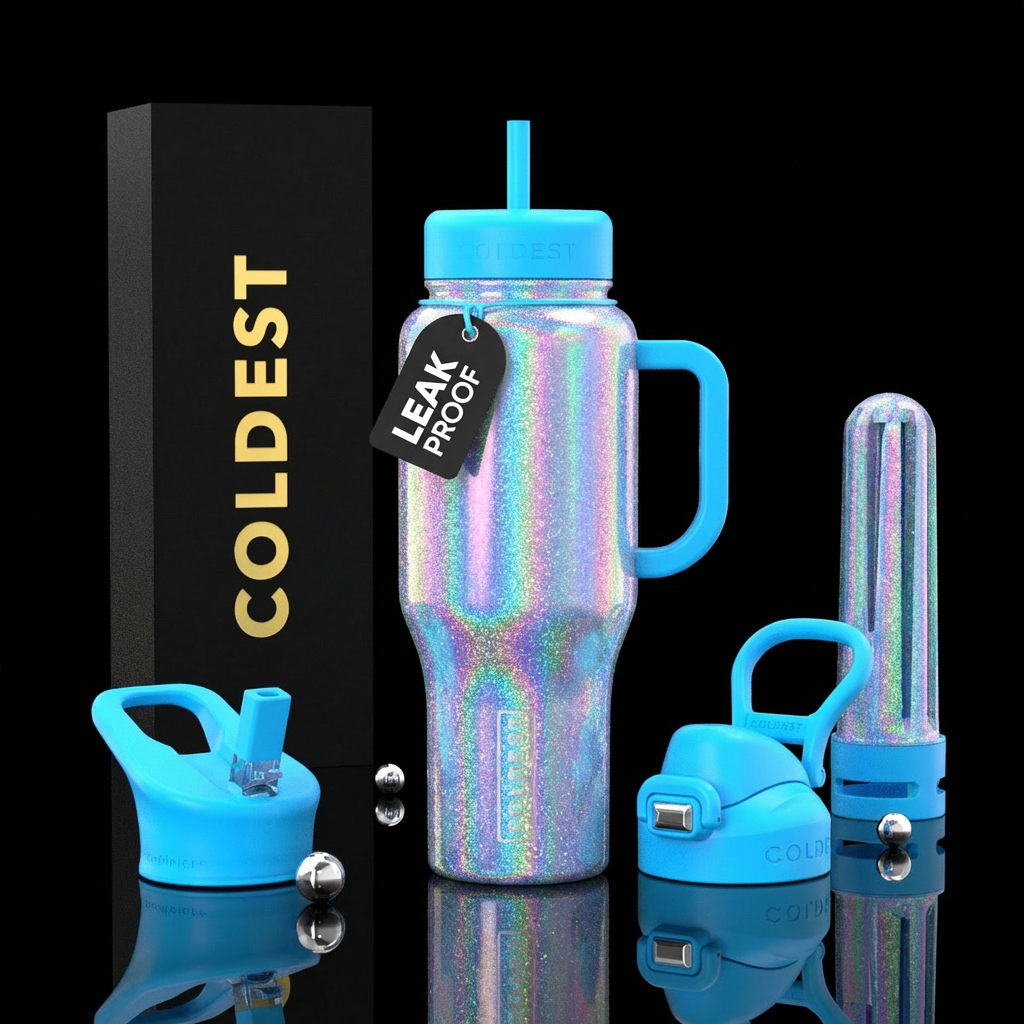 holographic, neon, sparkly water bottle design