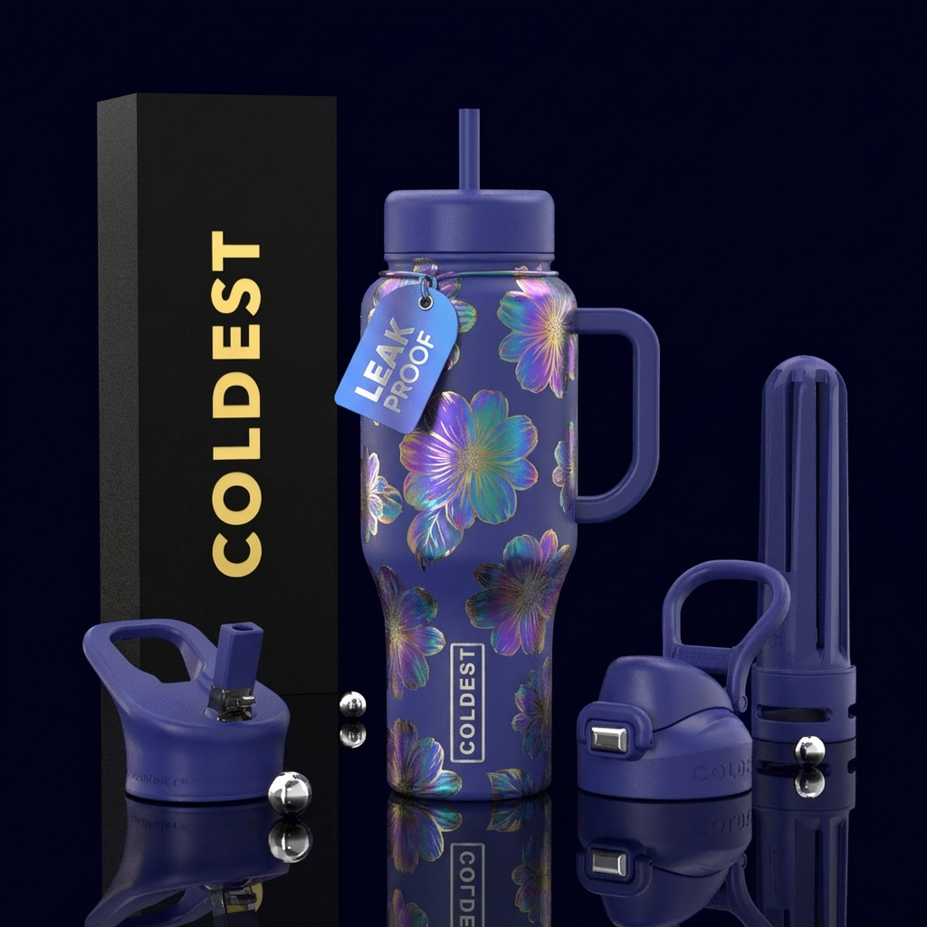 Iridescent flowers on solid background water bottle design