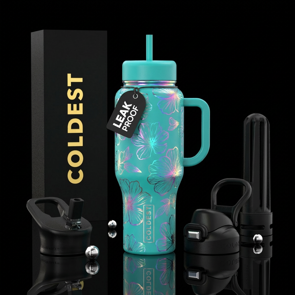 Iridescent flower outlines on solid background water bottle design