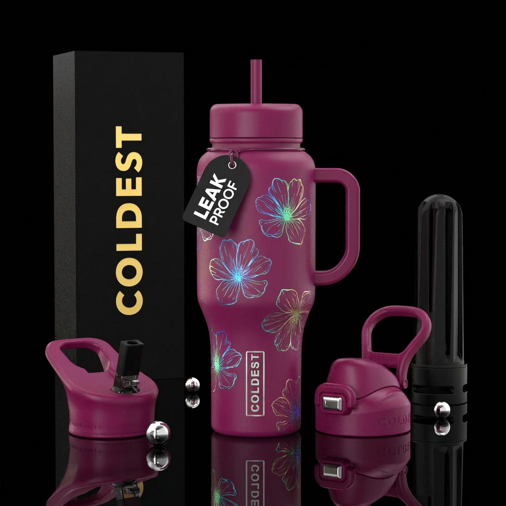 Iridescent flower outlines on solid background water bottle design