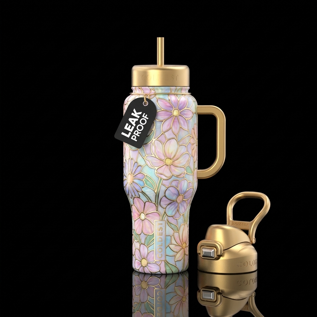 Pastel Stained glass like flowers with gold outlin... water bottle design