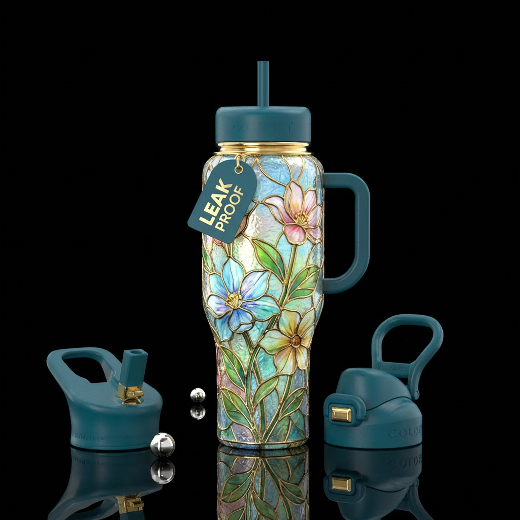 Stained glass like flowers with gold outline, real... water bottle design