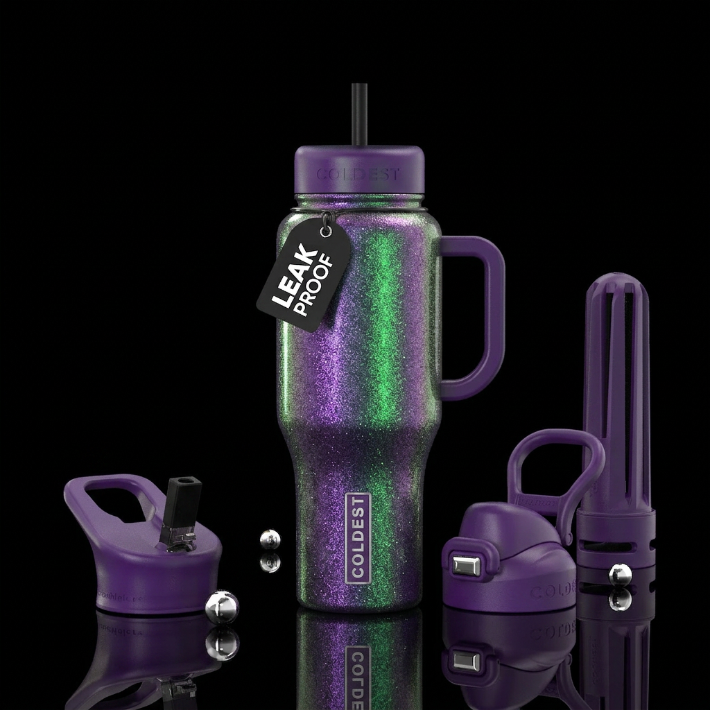 Chameleon iridescent glitter purple and green water bottle design