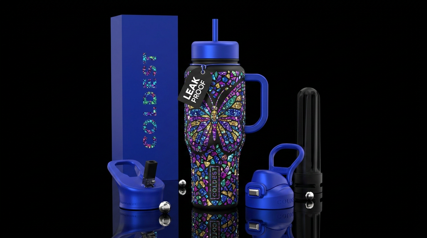 Mosaic glitter butterfly water bottle design