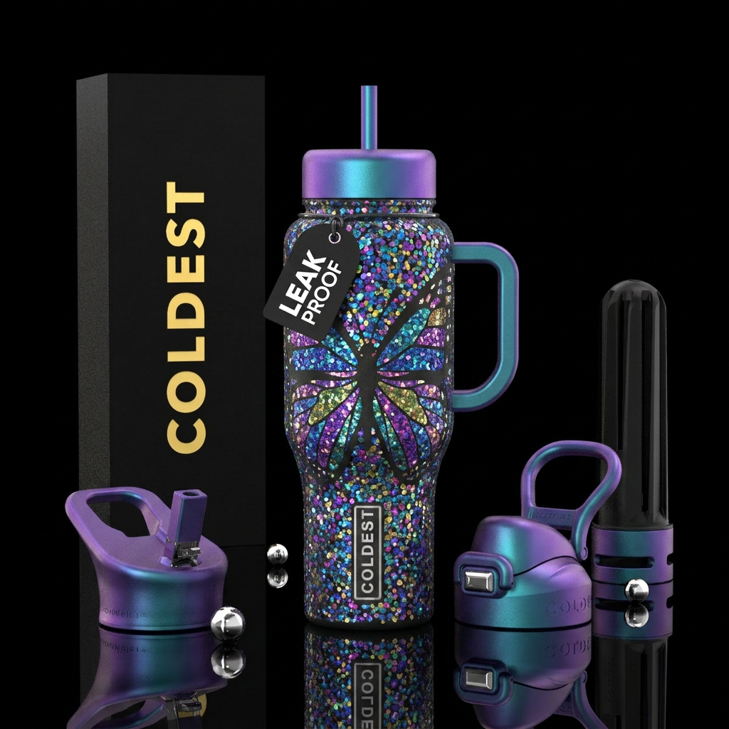 Mosaic glitter butterfly water bottle design