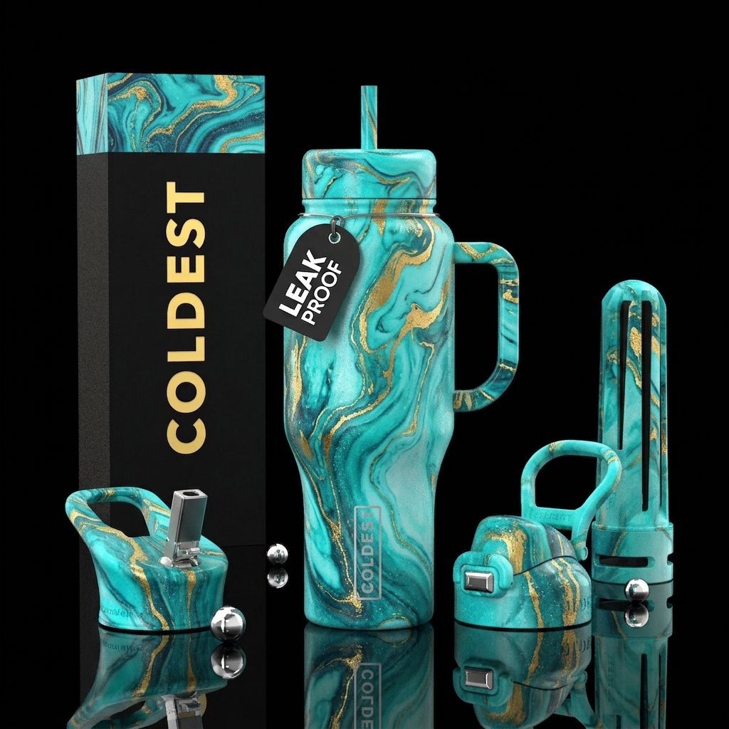 Marbled turquoise and teal with gold water bottle design
