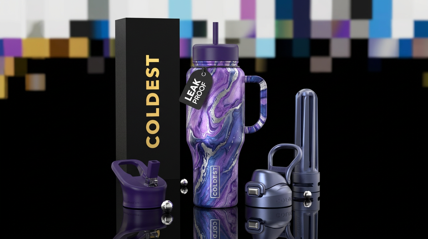Marbled purple blue silver water bottle design