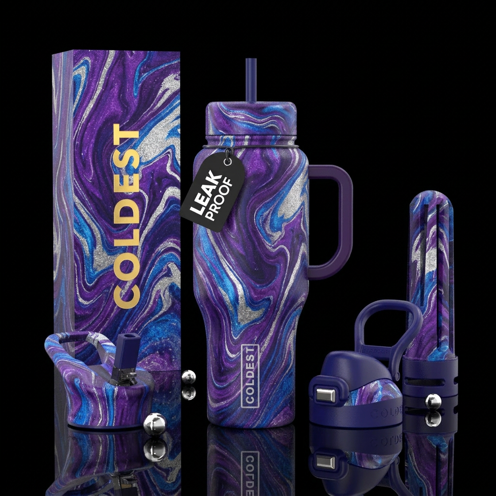 Marbled purple blue silver water bottle design