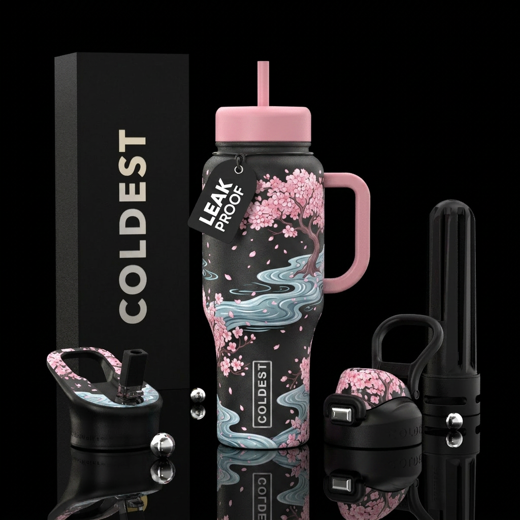Whimsical cherry blossoms along water water bottle design