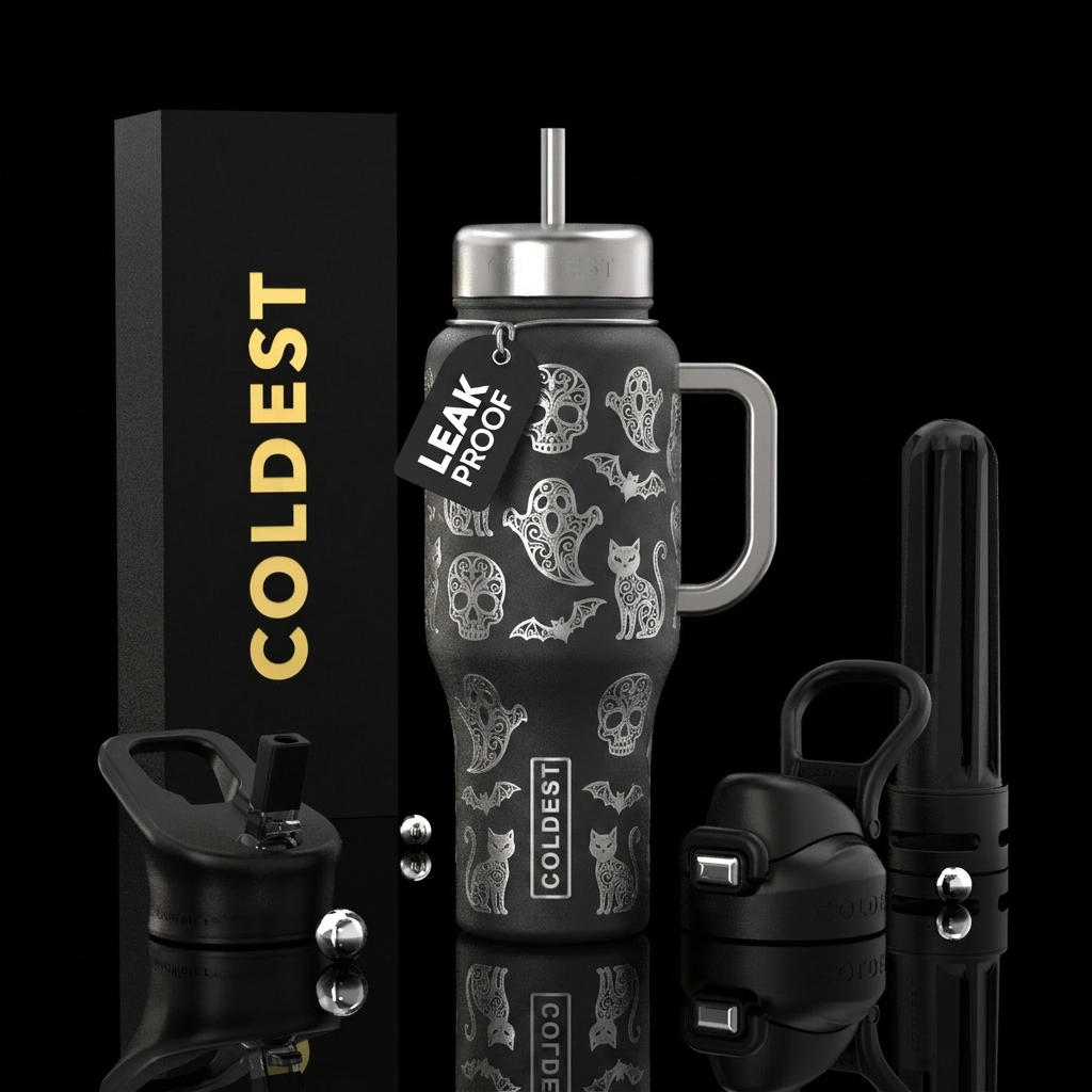Ghosts skulls bats and cats with silver handle and... water bottle design
