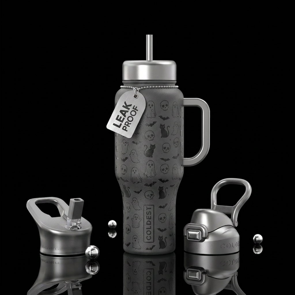 Ghosts skulls bats and cats with silver handle and... water bottle design