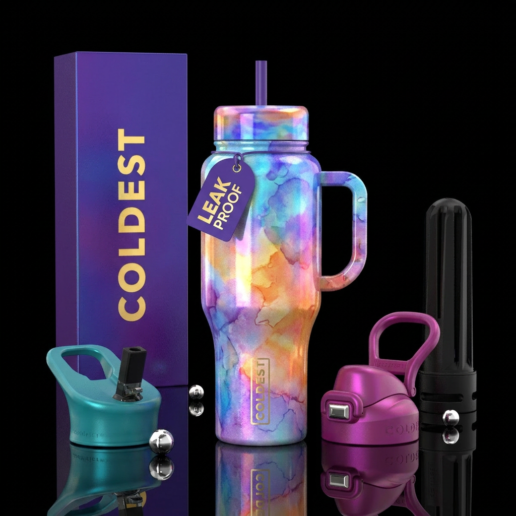 iridescent, watercolor, stylistic, whimsical water bottle design