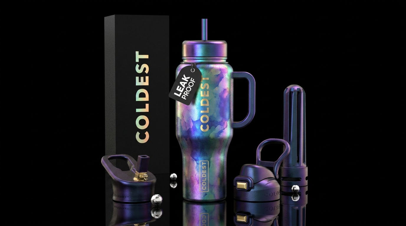 iridescent, watercolor, stylistic, whimsical water bottle design