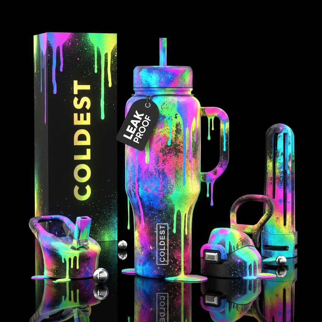 distressed, spray painted, dripping, glowie water bottle design