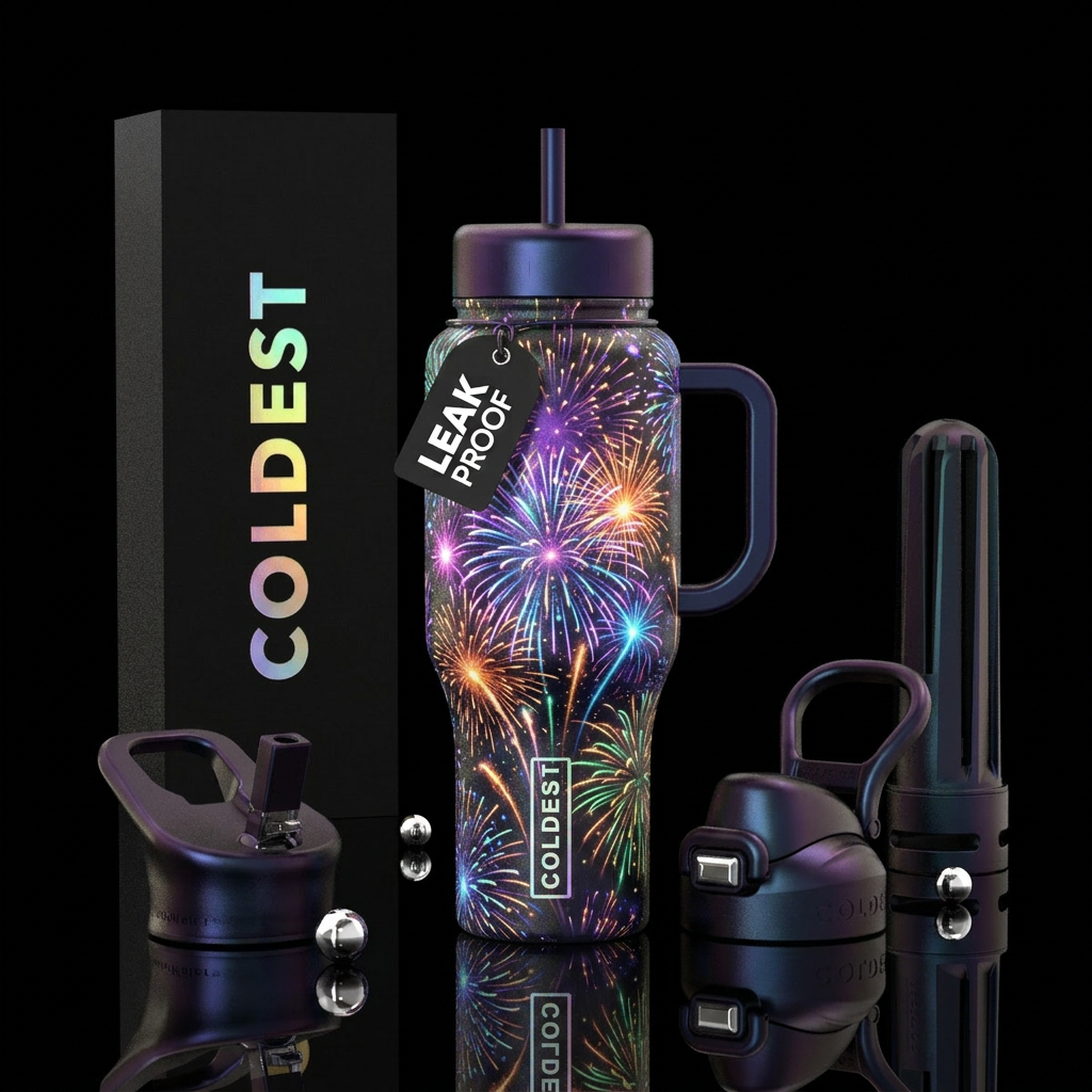 irridescent, explosive, fireworks glowie water bottle design