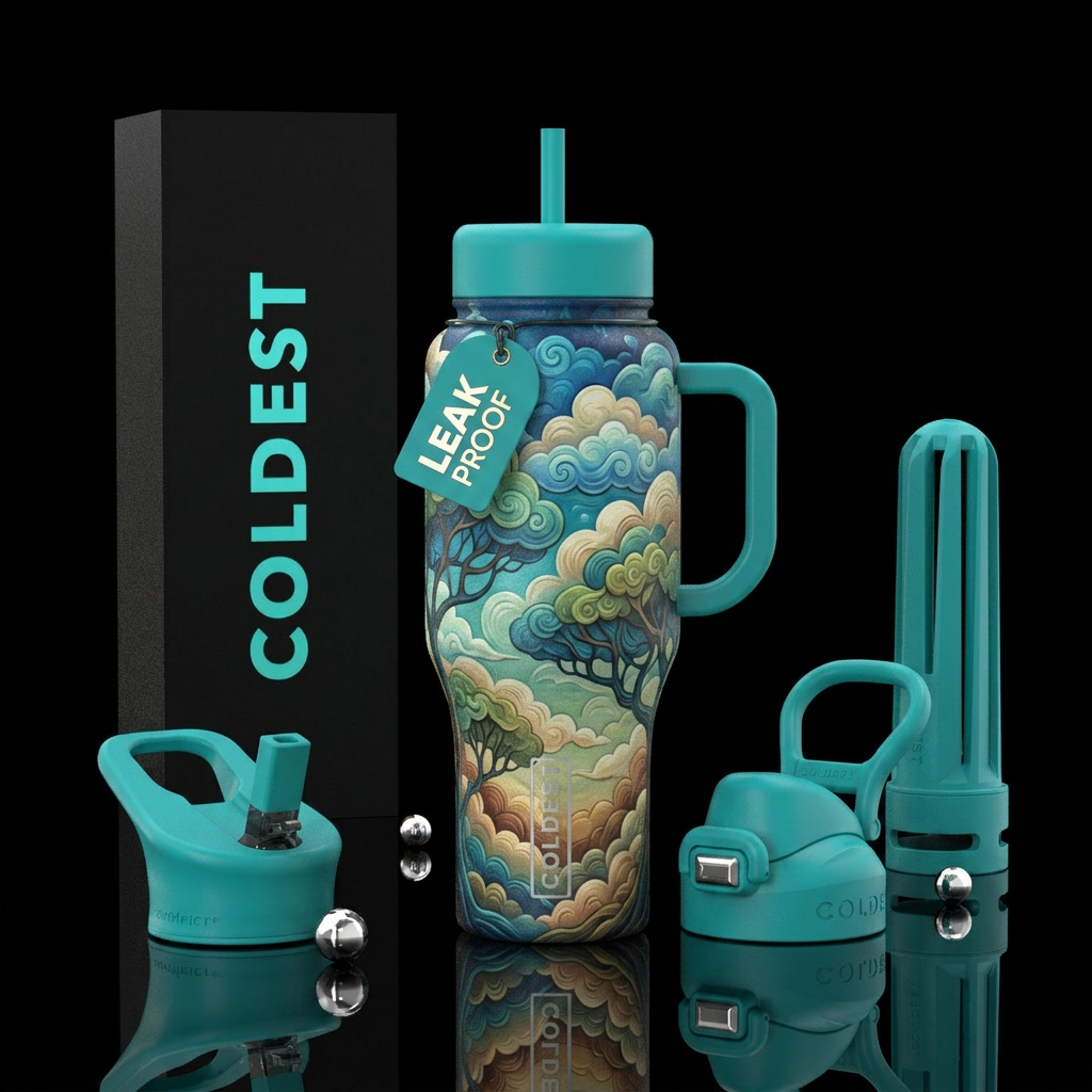 clouds, trees, whimsical, stylistic, captivating water bottle design