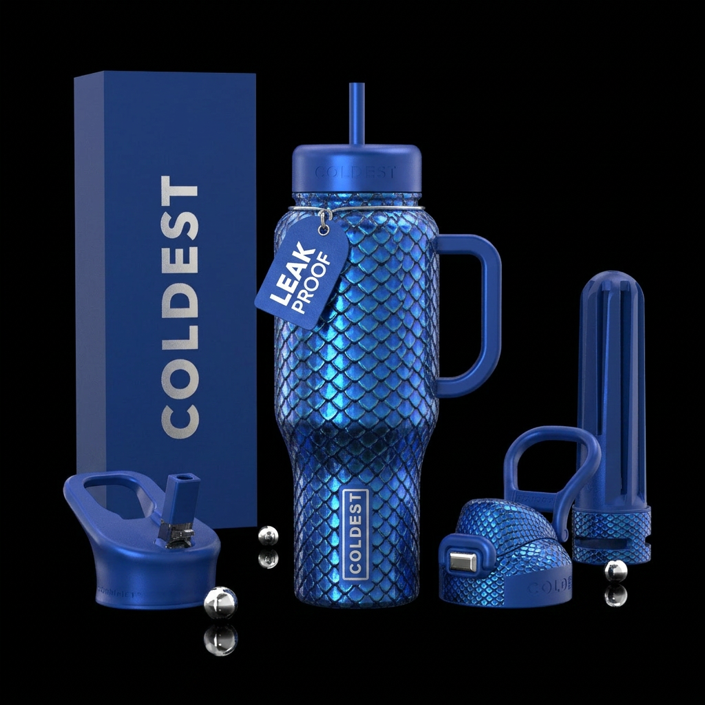 Shiny blue dragon scales with blue handle and lid water bottle design