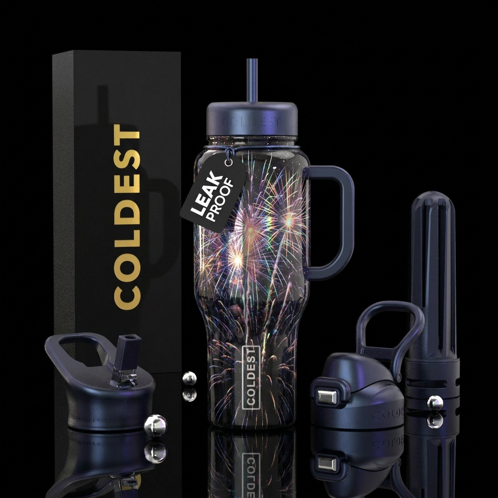 irridescent, explosive, fireworks glowie water bottle design