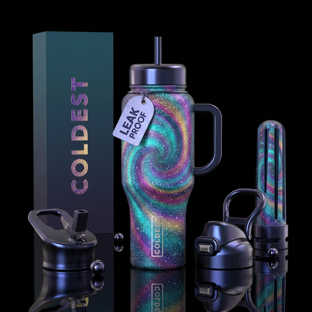aurora, sparkly, irridescent, swirls, stylistic water bottle design