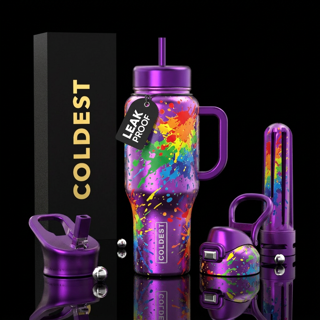 Shiny purple with rainbow paint splattered all aro... water bottle design