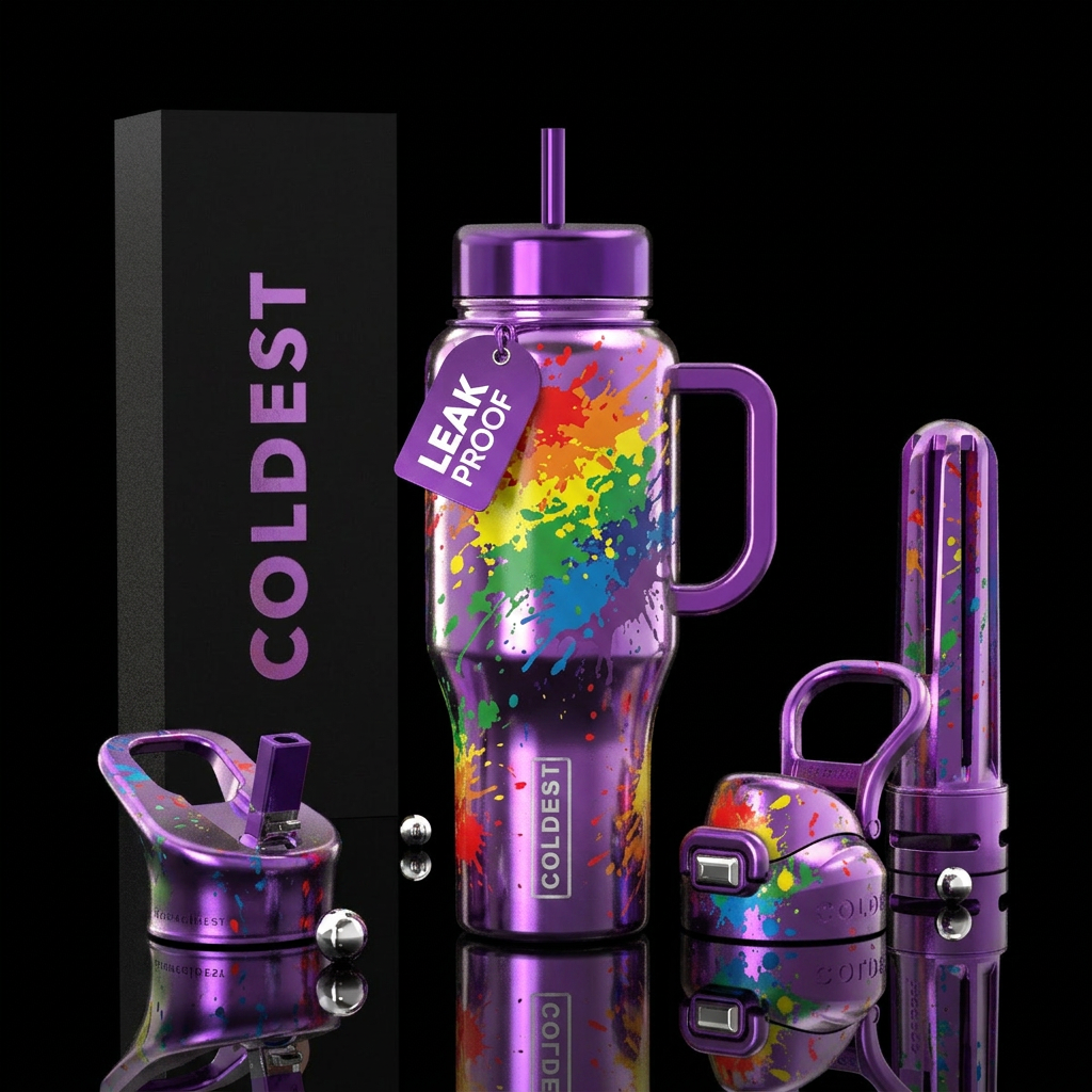 Shiny purple with rainbow paint splattered all aro... water bottle design