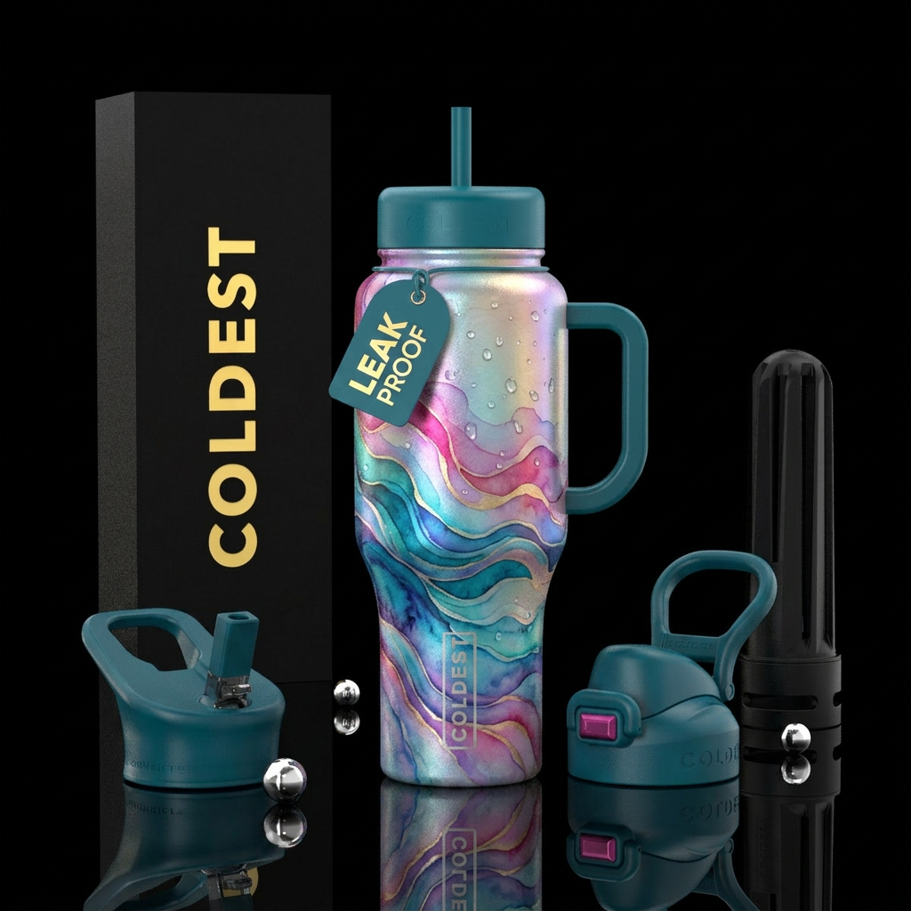 vibrant, irridescent, watercolor,, waves water bottle design