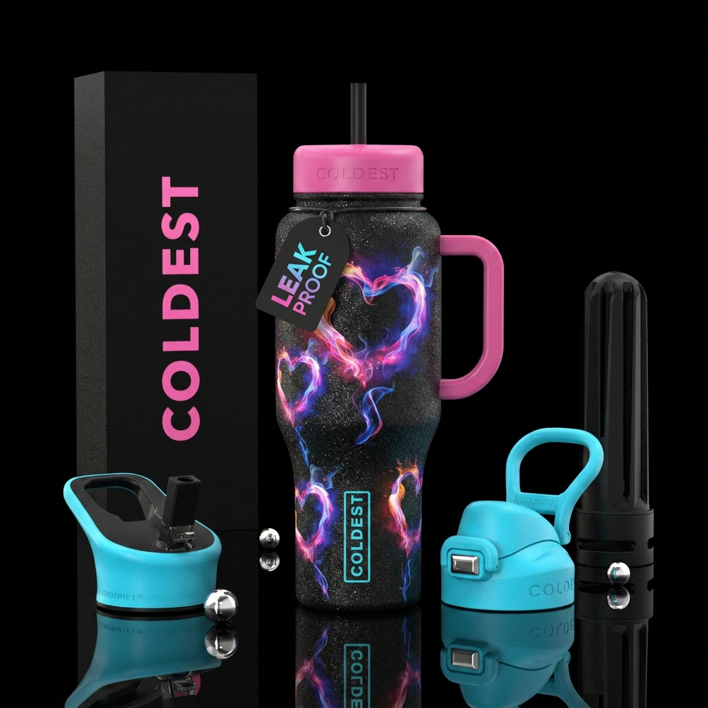 Glitter black background with colorful smoke swirl... water bottle design