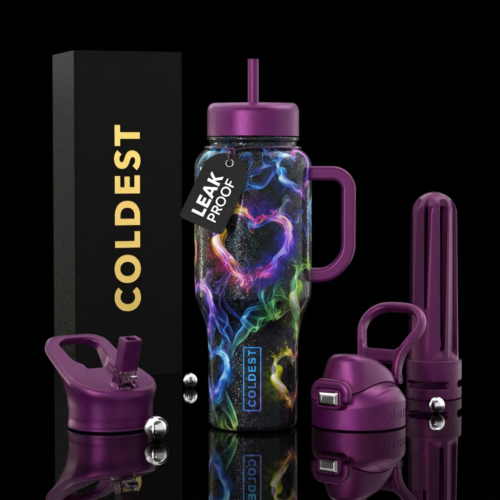Glitter black background with colorful smoke swirl... water bottle design