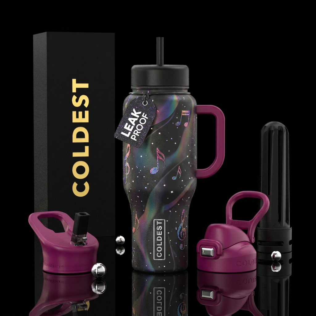 music, irridescent, abstract, sparkly water bottle design