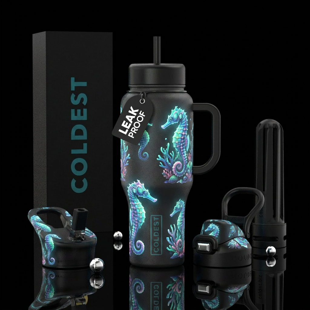 Seahorses, vibrant, beautiul, glowie, tropical water bottle design