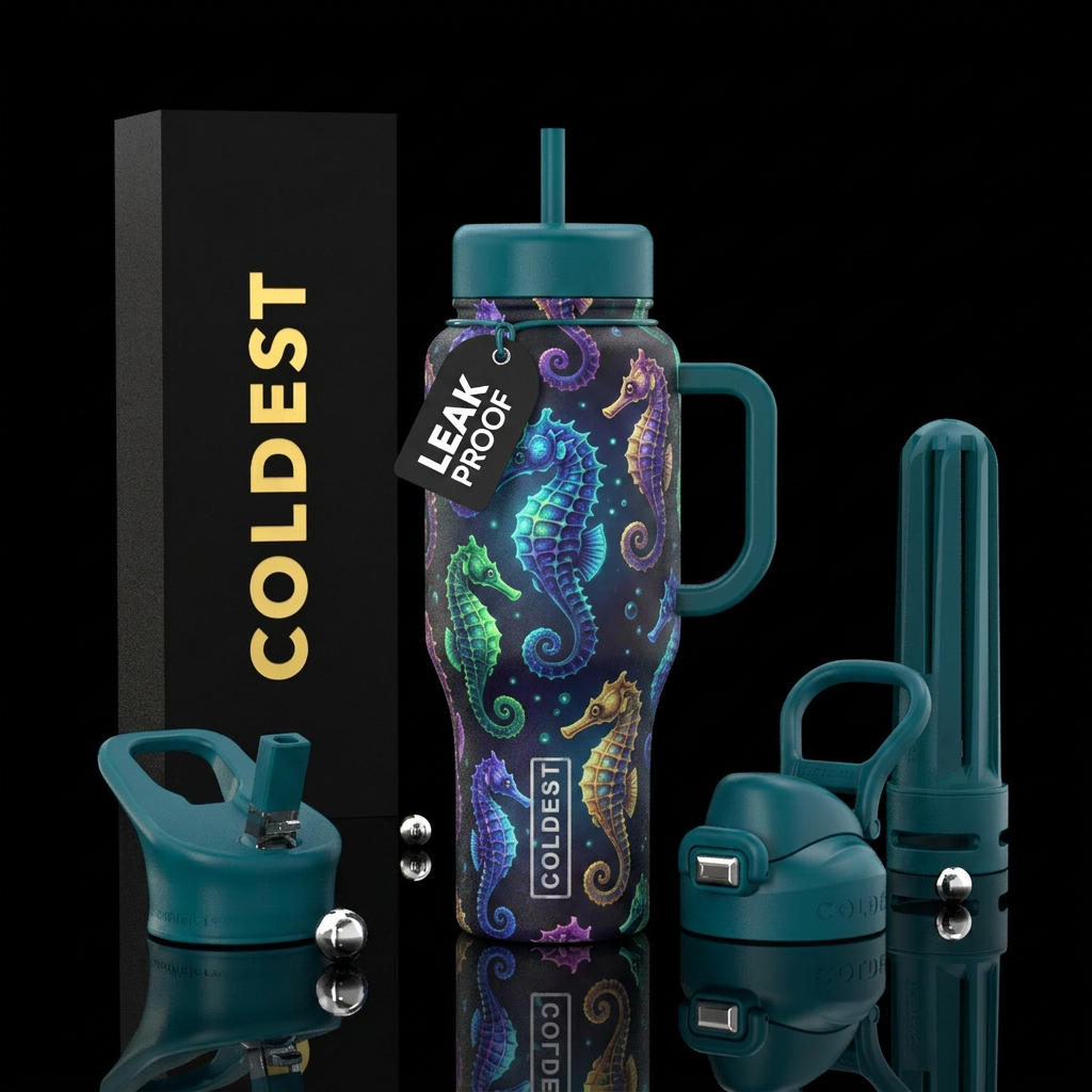 Seahorses, vibrant, beautiul, glowie, tropical water bottle design