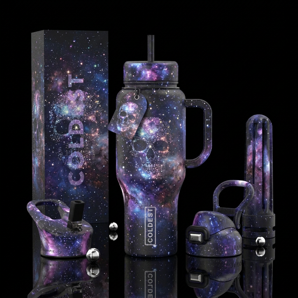 Galaxy starry nights with abstract skulls sparkly ... water bottle design