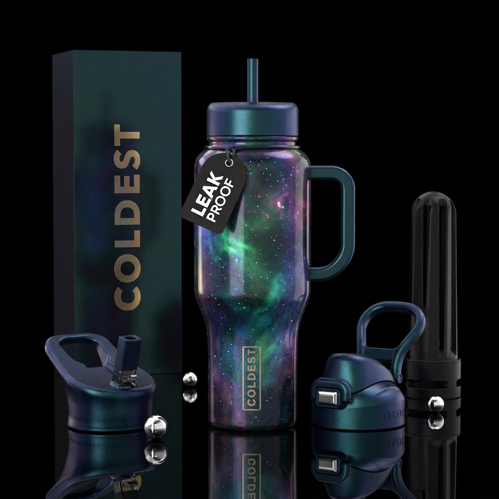 mesmerizing, metallic, multichrome, nebula water bottle design