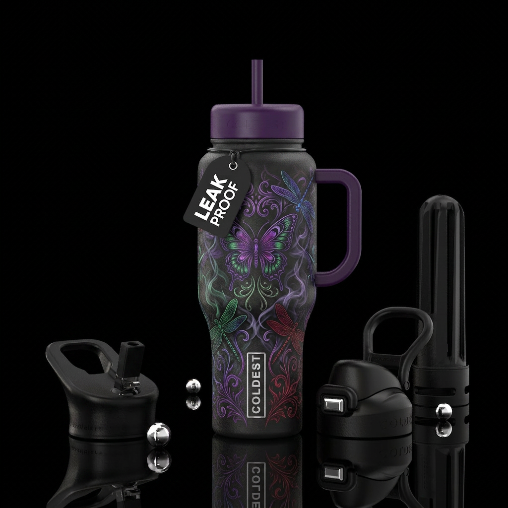 Gothic Butterflies and dragon flies, fantasy, swir... water bottle design
