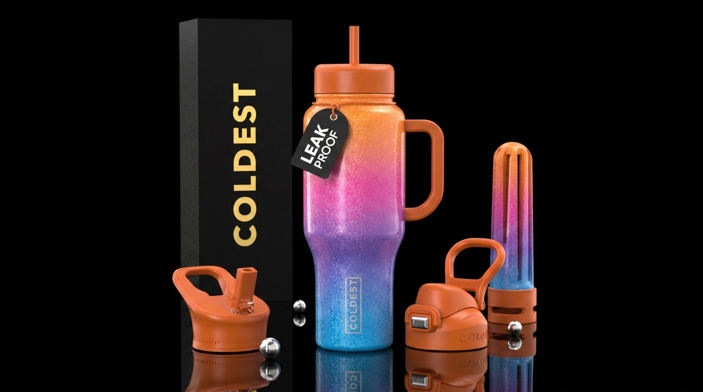 orange, pink, purple, blue summer shiny sparkly om... water bottle design