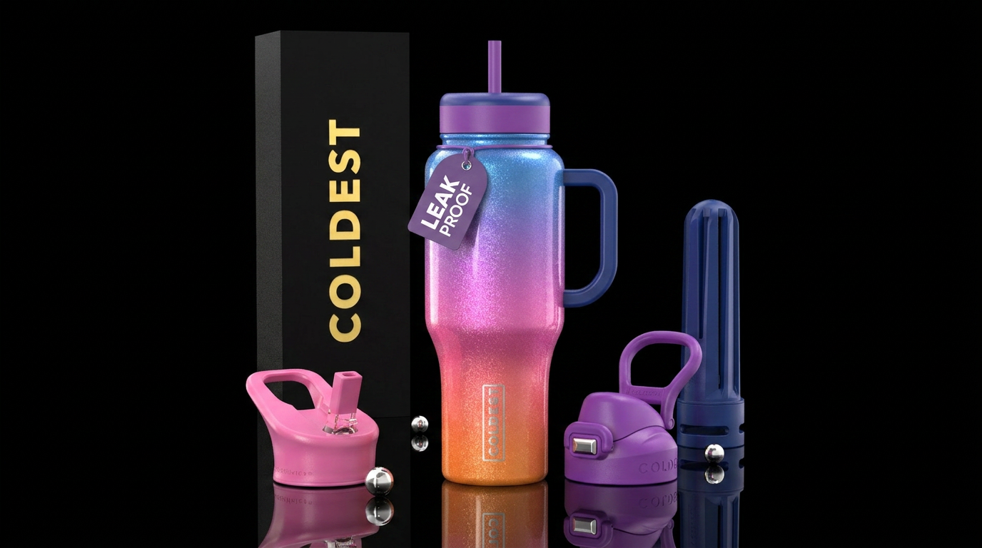 orange, pink, purple, blue summer shiny sparkly om... water bottle design