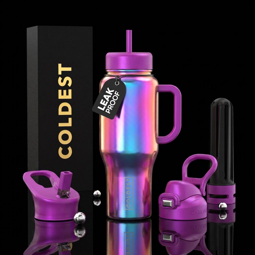 Chromatic pinks, blues, purples, orange iridescent water bottle design
