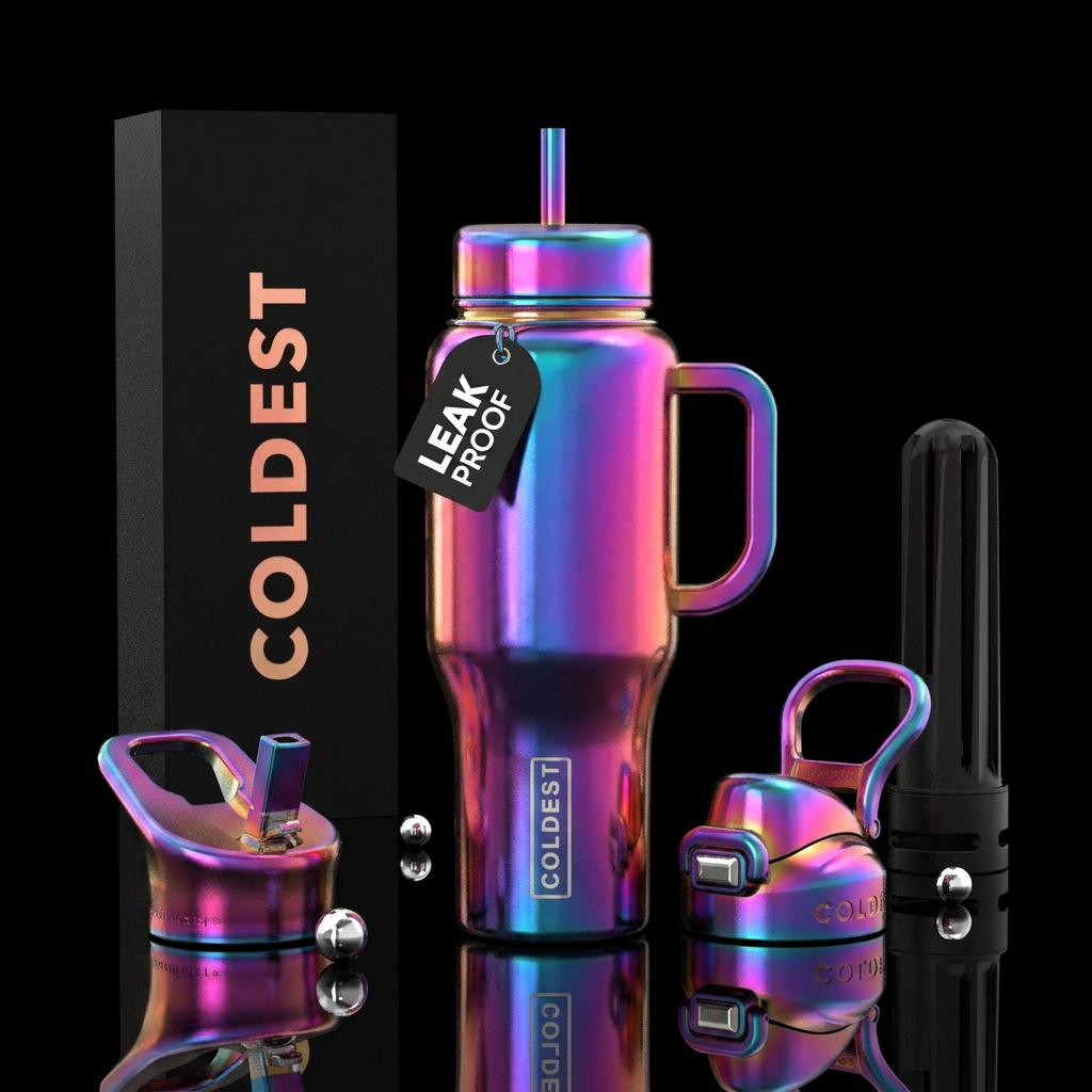 Chromatic pinks, blues, purples, orange iridescent water bottle design