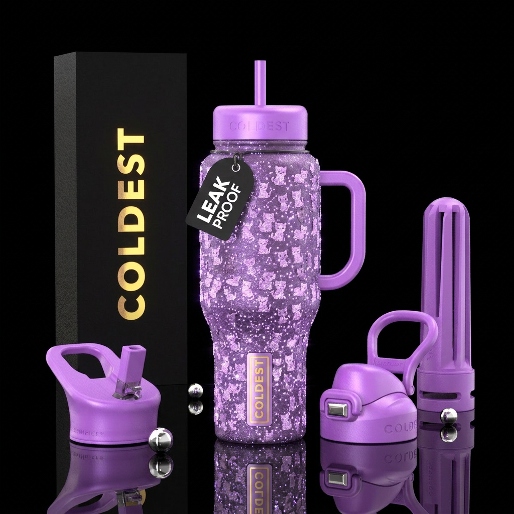 Sparkly light purple baby kitten glowie water bottle design