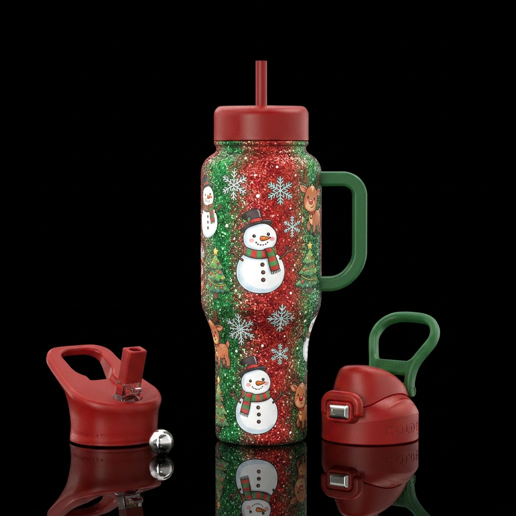 Red and green sparkly background with cute snowmen... water bottle design