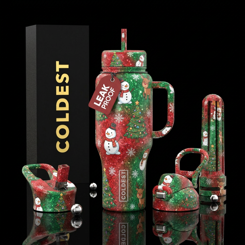 Red and green sparkly background with cute snowmen... water bottle design