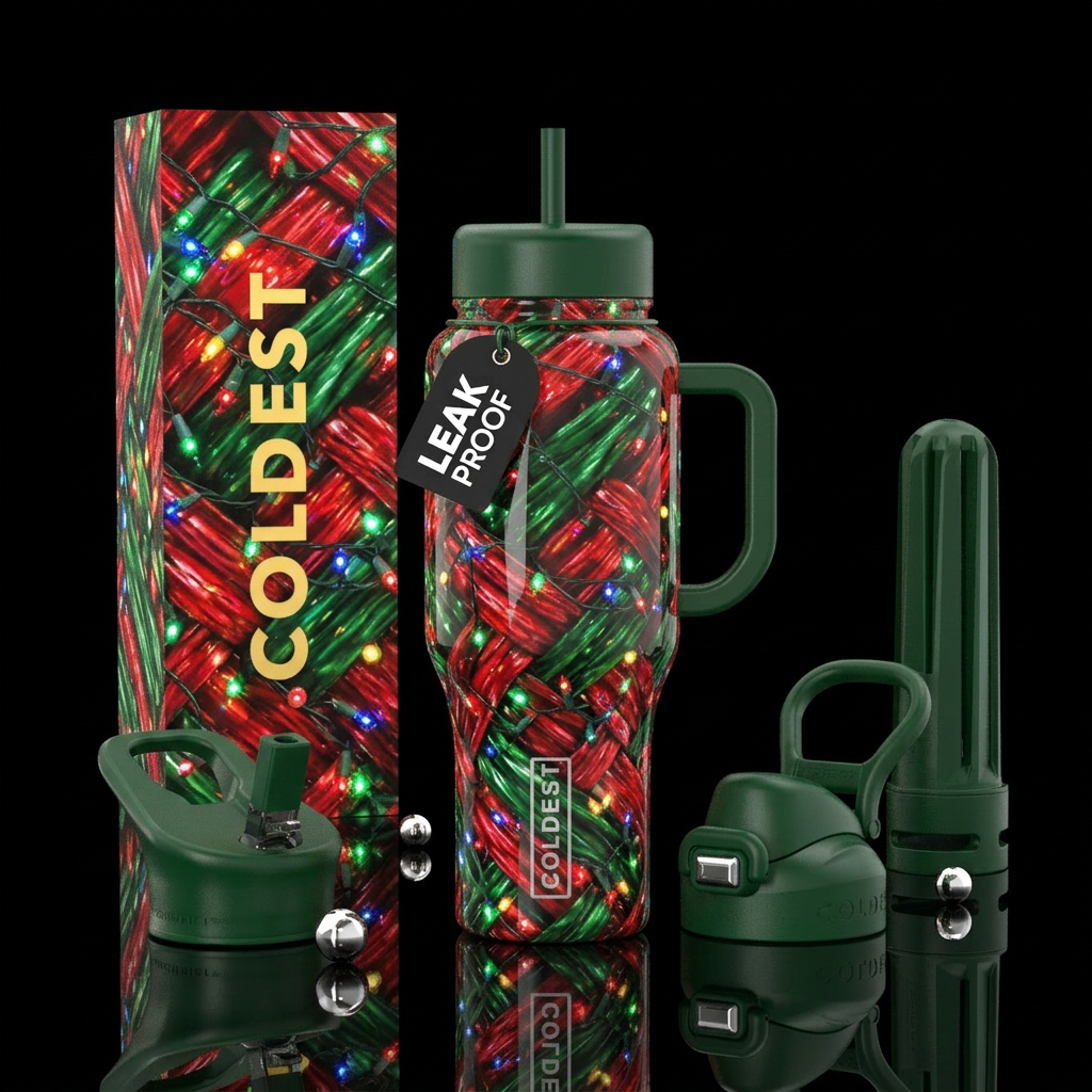 Red and green intermingled shiny background with v... water bottle design