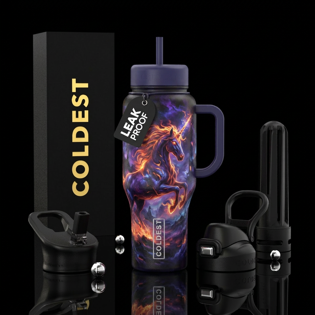 firery, magical unicorn,, haunted, vibrant, dark m... water bottle design