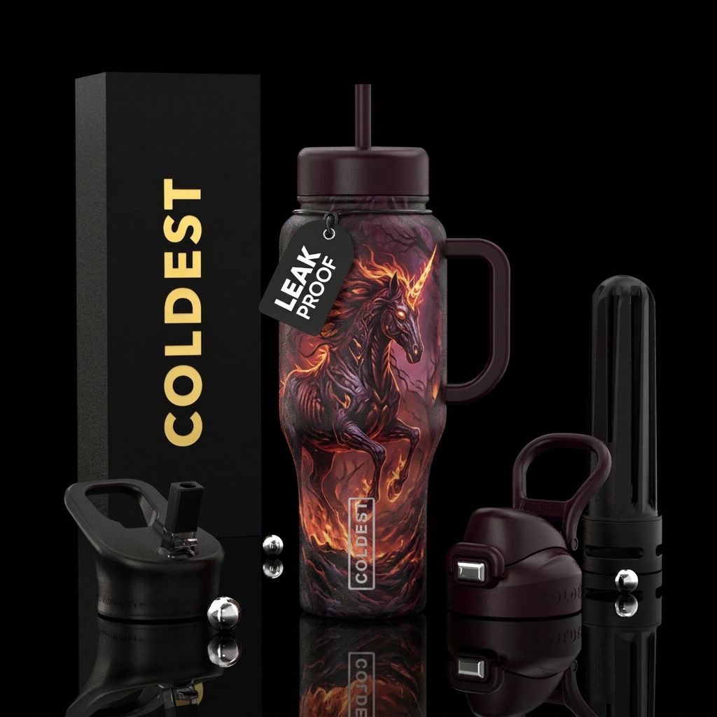 firery, magical unicorn,, haunted, vibrant, dark m... water bottle design